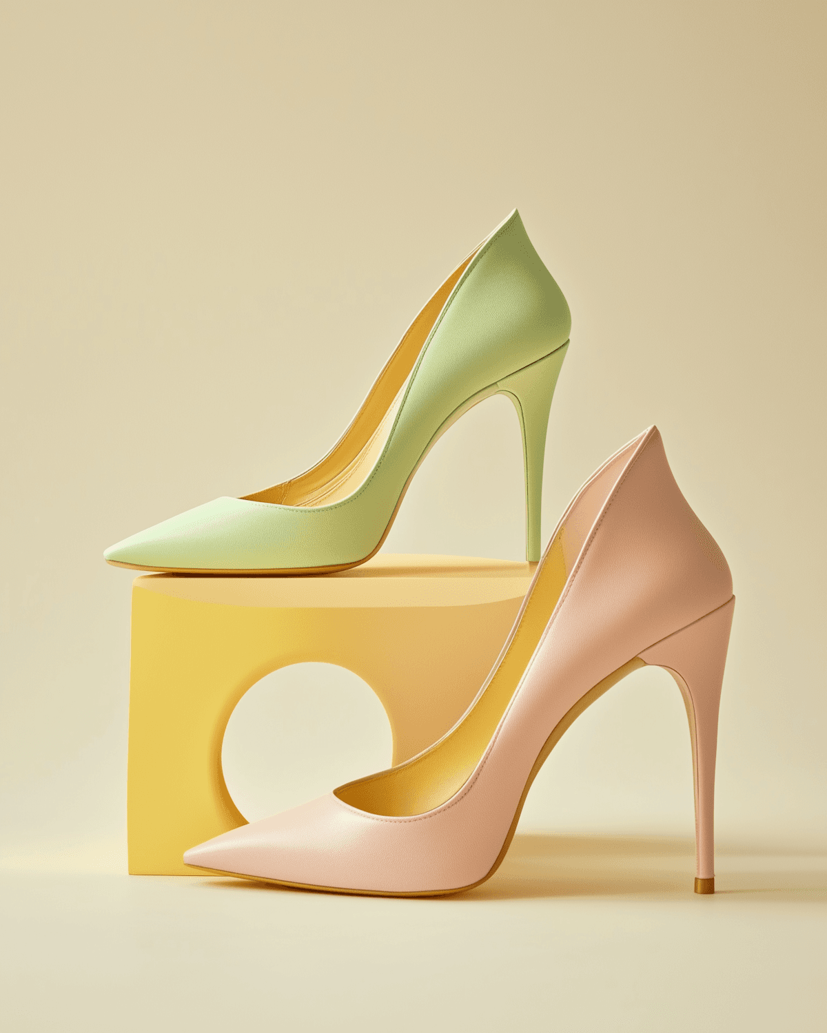 Mint and blush pointed pumps displayed on a soft yellow stand